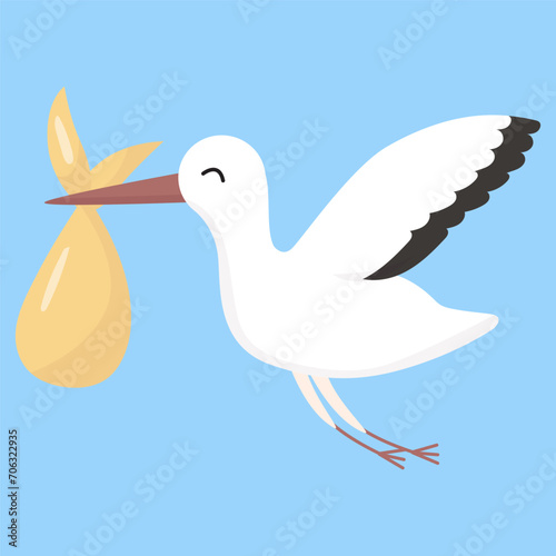 Vector cartoon cute white stork carrying baby. Delivery newborn baby illustration.