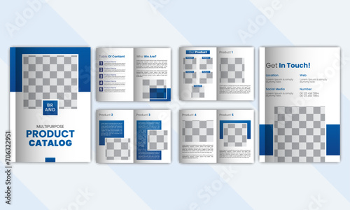 Abstract company product catalog design template with cover, back and inside pages.  Trendy minimalist flat geometric unique design.