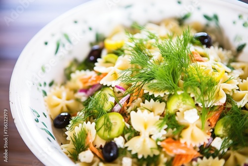 close-up of pasta salad with feta, olives, cucumber, and dill