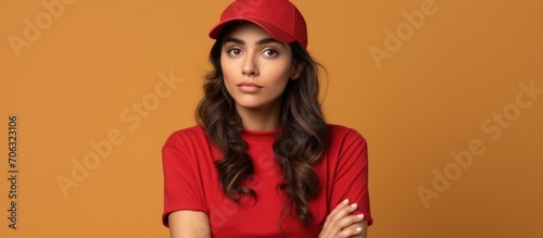 Doubtful young Hispanic woman wearing cute cap, cross arms, disapprove.