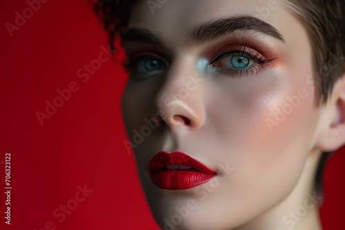 Close up portrait of beautiful young transgender man with bright perfect makeup on red background