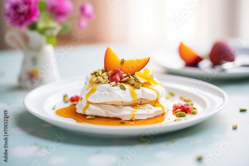 pavlova with a slice of peach and whipped cream