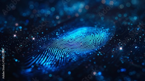 Blue fingerprint scan icon on virtual screen while finger scanning for security access with biometrics identification on dark photo