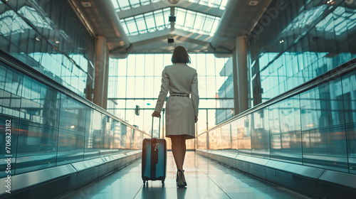 Businesswoman Navigating Airport Terminal with Wheeled Luggage 