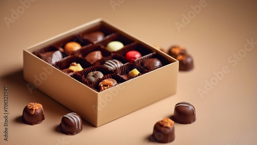 Gustoso Tesoro- Cioccolatini Deliziosi in Scatola su Sfondo Beige photo