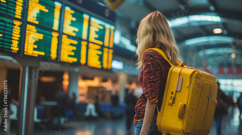 A young woman at an international airport looks at the flight information board, holds a yellow suitcase in her hand and checks her flight 
