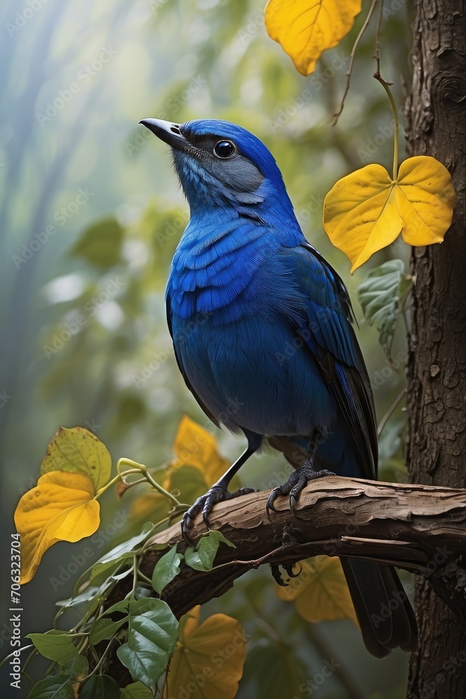 Beautiful black-naped monarch bird on a tree branch with flowers in the jungle background photo Beautiful black-naped monarch bird on a tree branch with flowers in the jungle background photo