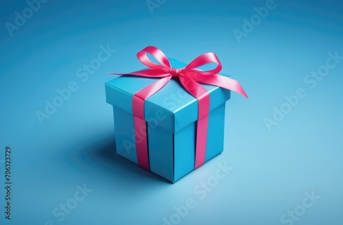 Presenting gifts, festive celebration concept. Pink ribbon paper box on blue background.
