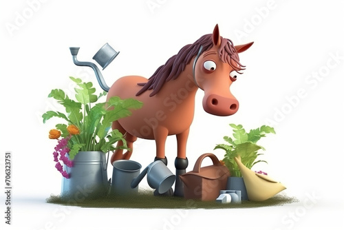 Cute horse 3D character taking care of plants