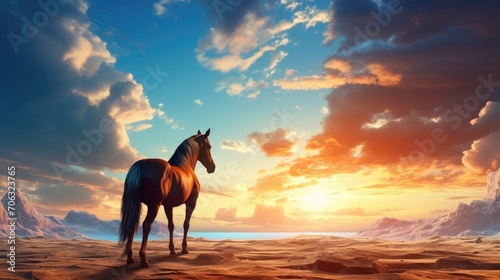 A brown horse standing on top of a sandy beach under a cloudy blue and orange sky with a sunset  Generative Ai