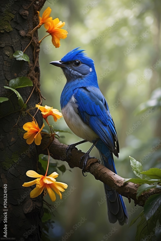 Beautiful black-naped monarch bird on a tree branch with flowers in the jungle background photo