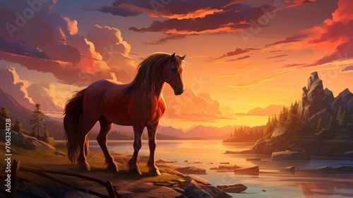 A brown horse standing on top of a sandy beach under a cloudy blue and orange sky with a sunset  Generative Ai