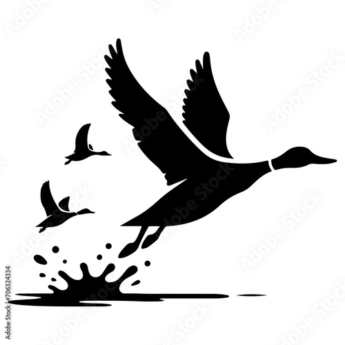 minimal flying duck vector silhouette, black color silhouette