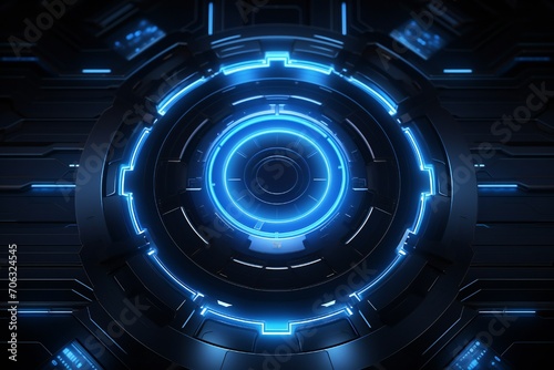 Black abstract metal futuristic technological background with blue glowing light Generative AI