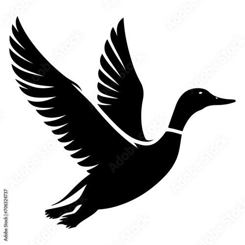 minimal flying duck vector silhouette, black color silhouette