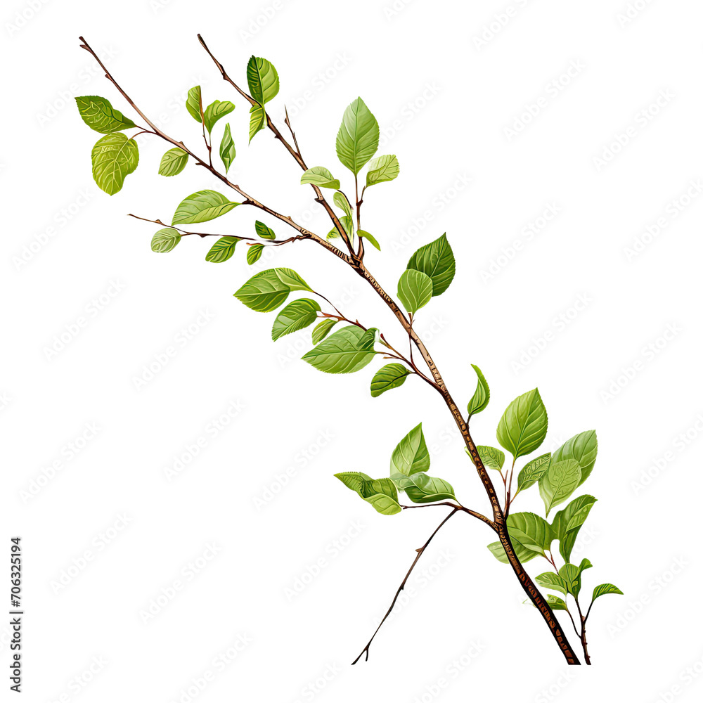 Twig with spring green leaves isolated on white or transparent background Twig with spring green leaves isolated on white or transparent background