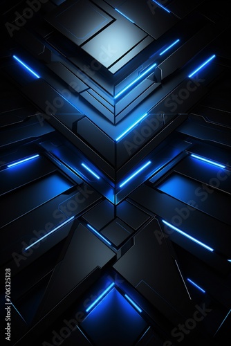 Black abstract metal futuristic technological background with blue glowing light Generative AI