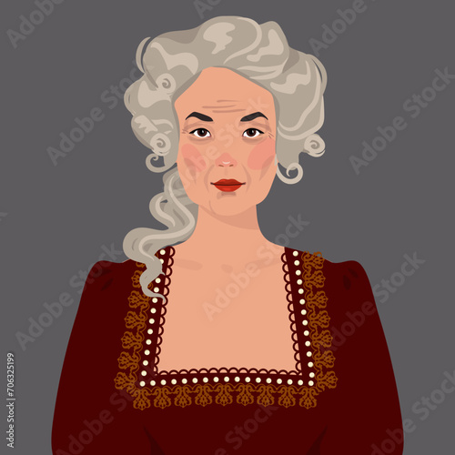 an elderly woman in a historical costume and a wig from the Middle Ages. Vector flat illustration. An avatar for a social network.  flat illustration