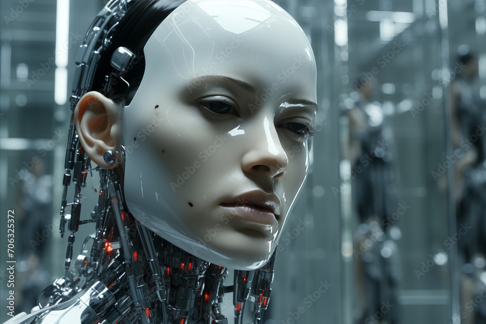 A cyborg girl s armor emits a cold glow, with metallic details reflecting light in the urban twilight A cyborg girl s armor emits a cold glow, with metallic details reflecting light in the urban twilight