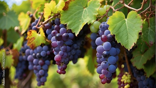 fresh black and green grapes on the grapes tree branch in the grapes field with sunlight background photo 