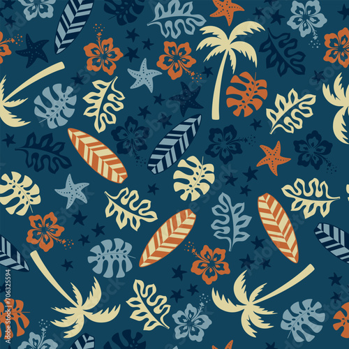 Summer seamless pattern. Palms  flowers  leaves  surfboards and starfish