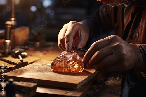 Jeweler inspecting a large amber gemstone. photo