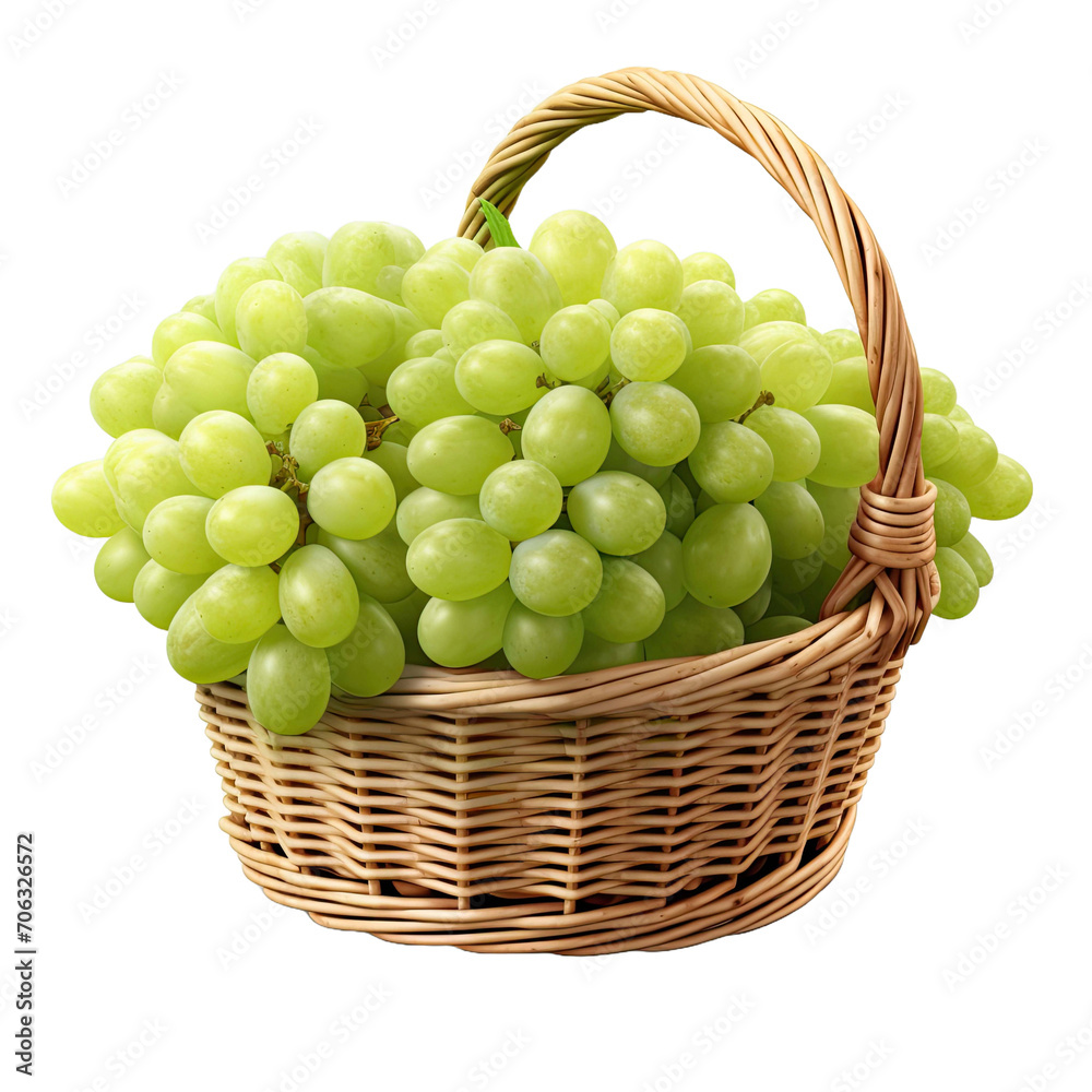 Appetizing green grapes in a wicker basket isolated on transparent background Appetizing green grapes in a wicker basket isolated on transparent background