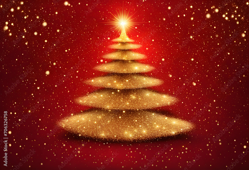 Shining Christmas Tree - Golden Glitter sparkling In The Red Background Shining Christmas Tree - Golden Glitter sparkling In The Red Background