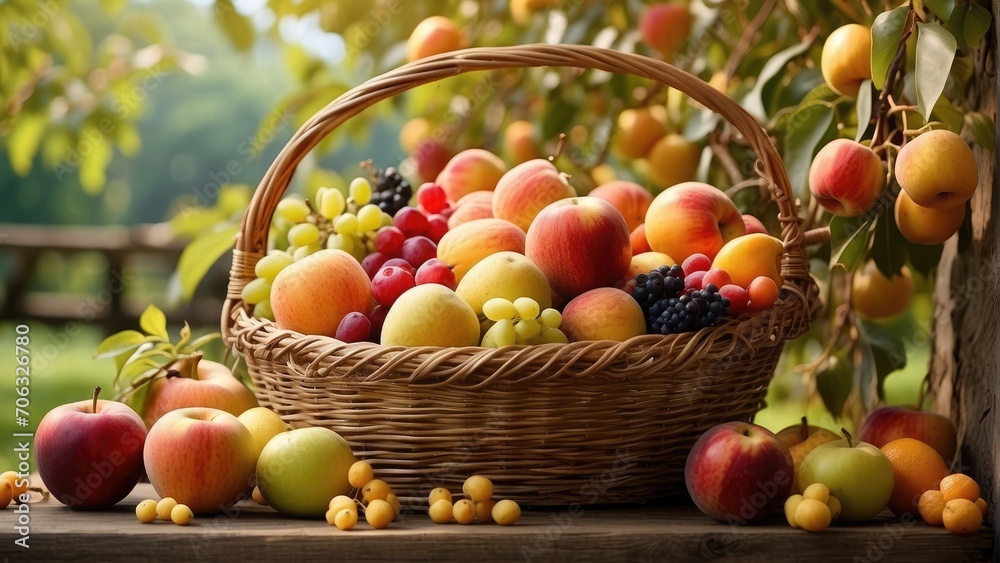 various fresh fruits in a basket of the apples fields photo various fresh fruits in a basket of the apples fields photo