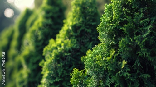 A close-up view of a row of vibrant green bushes. Ideal for adding a touch of nature to any project