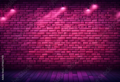 Empty brick wall background, night view, neon light, rays.