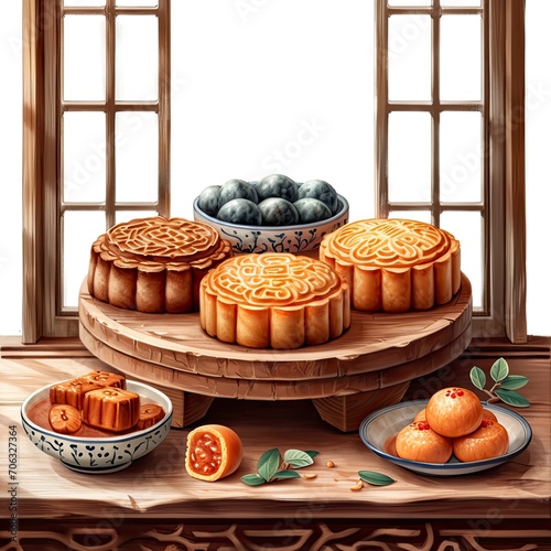 Moon Cake Mooncake Table Setting Square, White Background, Illustrations Images