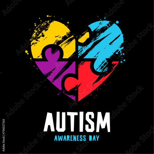 Autism Awareness Day postcard. Multi-colored puzzle of brushstrokes formed into the shape of a large heart.