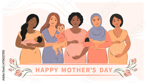 Mother's Day card. Group of pregnant women and women with children. Vector illustration
