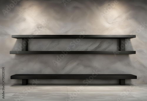 Empty top of natural stone shelves and cement wall background. © Hassan Rehman