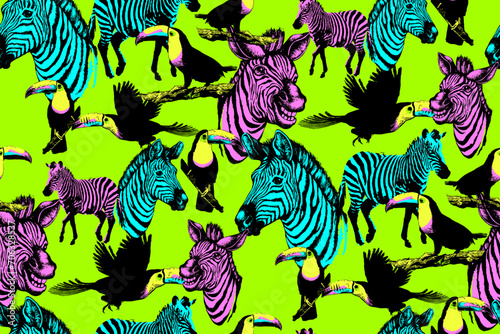 Seamless pattern of toucan and zebra. Suitable for fabric  mural  wrapping paper and the like.