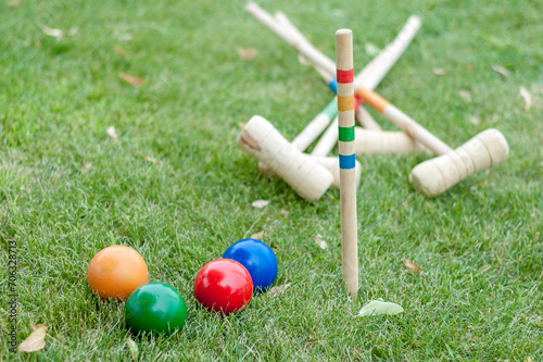 Ladder golf game outdoors. Game Equipment on a green grass. photo