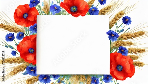 Kwiaty maków, chabrów i kłosy zboża otaczające białą kartkę papieru photo