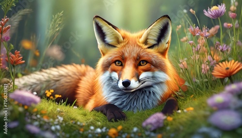 A fox lying on a bed of grass surrounded by herbs and flowers