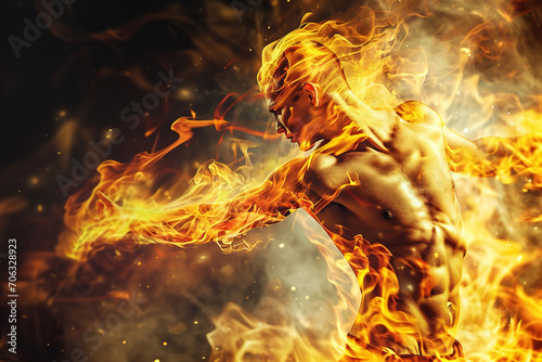 Athletic male figure running on fire, concept of strength, energy