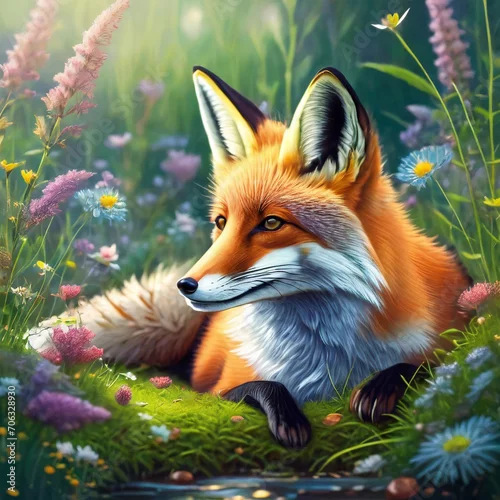 Obraz Lis leżący na posłaniu z trawy w otoczeniu ziół i kwiatów