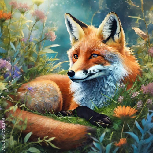 Obraz Lis leżący na posłaniu z trawy w otoczeniu ziół i kwiatów