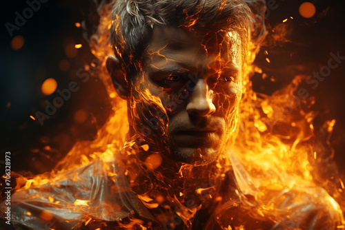 Athletic male figure surrounded by fire, concept of strength, energy