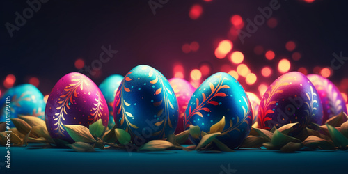 Colorful easter eggs background, Vibrant Easter Egg Collection on black Background, Stylish easter eggs and glitter, Easter eggs in a fairy tale island, generative AI