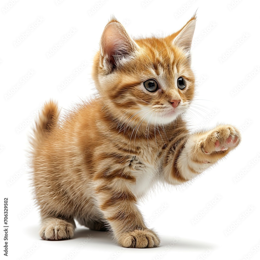 Fototapeta premium Playful Ginger Kitten On White Background, White Background, Illustrations Images