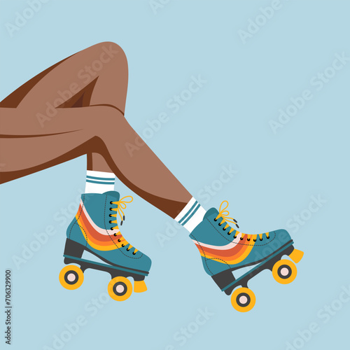 Legs of a girl in retro roller skates and socks. Woman on roller skates. Retro illustration. Vector