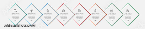 business infographic design 8 parts or steps containing icons, text and numbers, diamond shapes and thin colored lines that are interconnected, for workflow diagrams, banners and your business