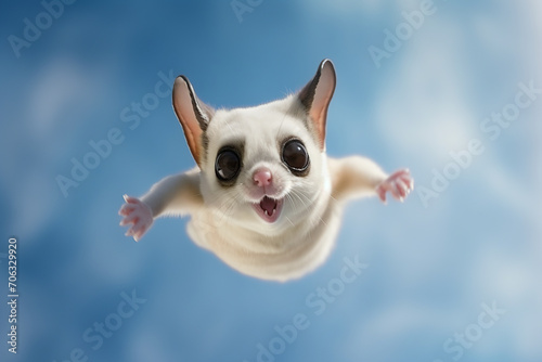 portrait of a cute sugar glider, flying squirrel, blue sky background photo