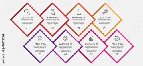 business infographic design 8 parts or steps containing icons, text and numbers, diamond shapes and thin colored lines that are interconnected, for workflow diagrams, banners and your business
