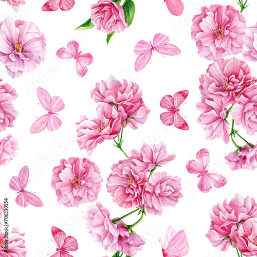 Spring sakura flowers and butterfly  floral watercolor background. Seamless pattern. Pink flower hand drawn illustration